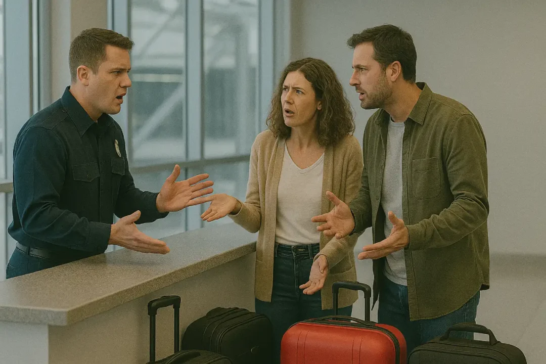 Angry travelers argue with airport staff over lost baggage issues.
