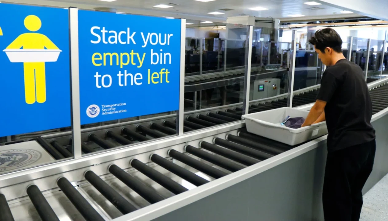 Automated Security Lanes at DFW International Airport with a passenger using TSA bin system.
