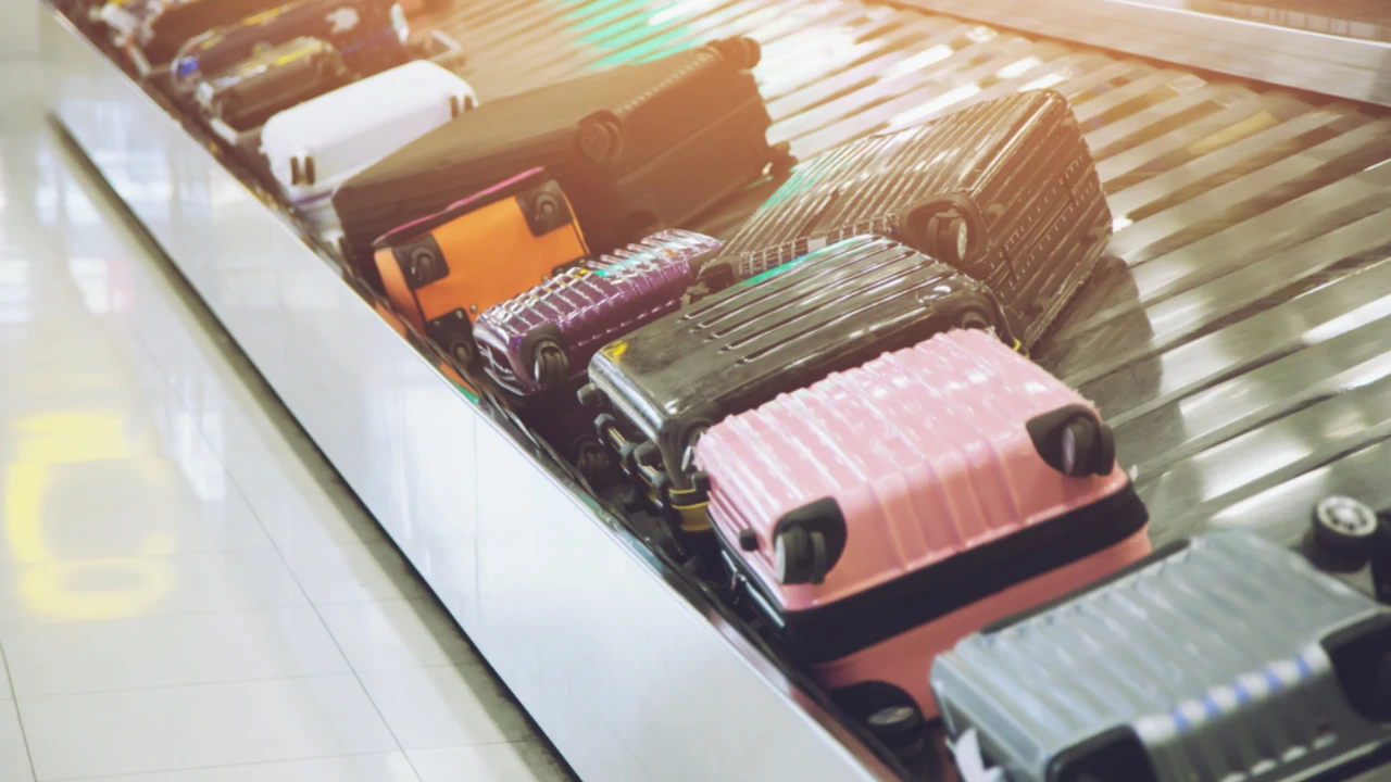 Suitcases on conveyor belt during baggage claim process on  ATL airport