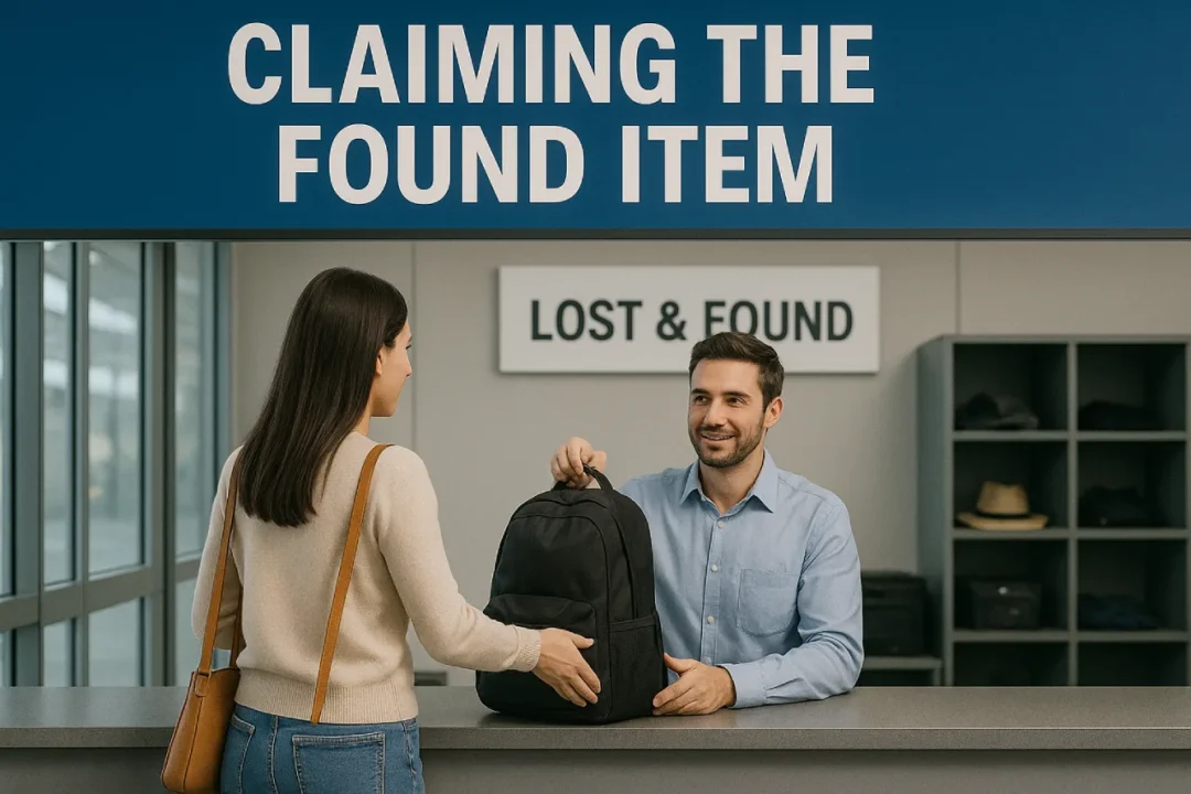 Woman claiming lost backpack at airport Lost and Found counter.
